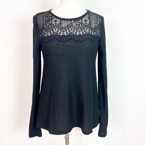 LUCKY BRAND BLACK WAFFLE KNIT LONG SLEEVE WITH LACE WOMENS SZ SMALL